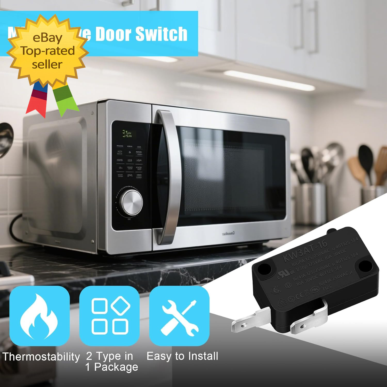 3PCS Microwave Oven Door Switch Replacement Parts 16A 125/250V, Kw3At-16