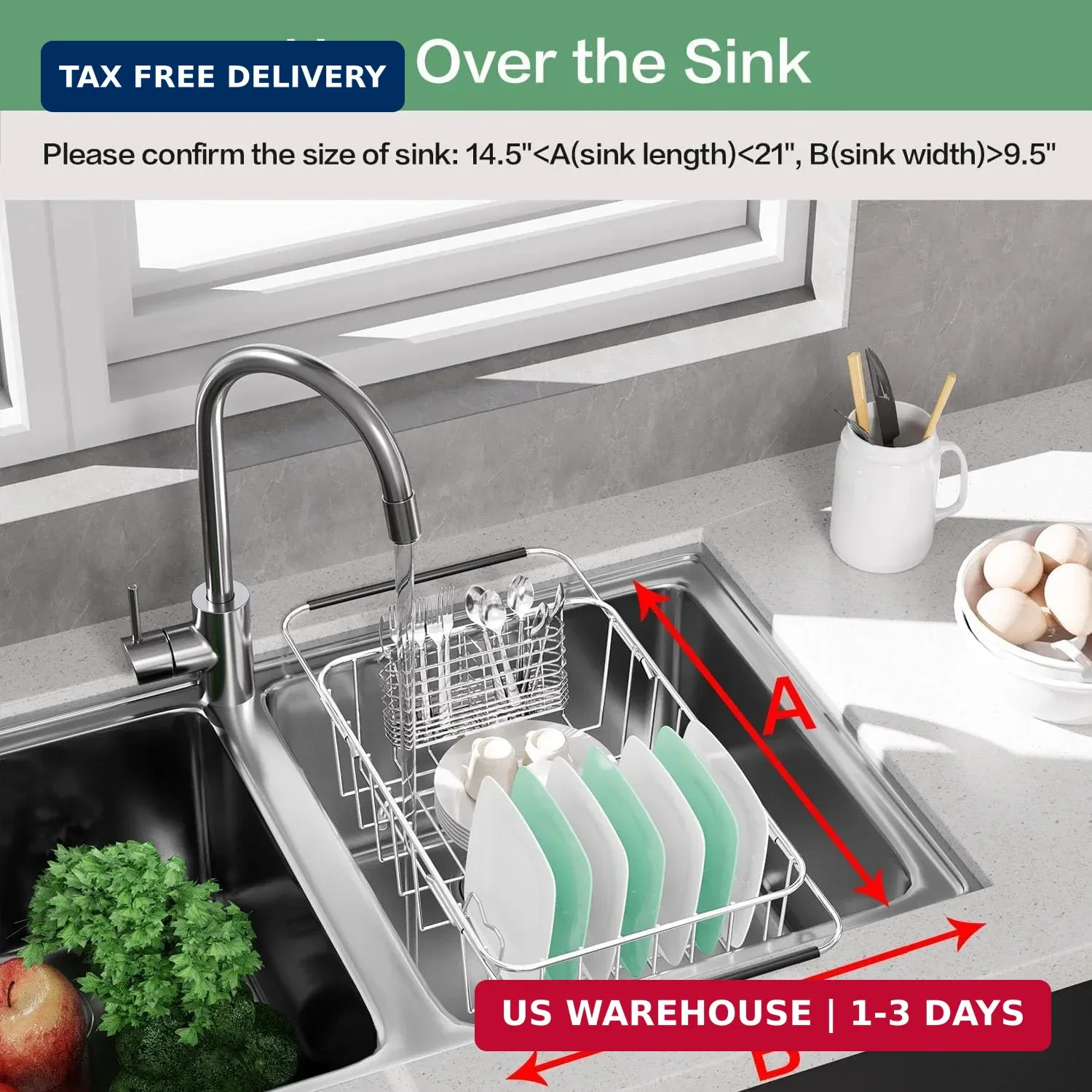 Dish Drainer Rack in Sink Adjustable, Expandable 304 Stainless Steel Metal Dish