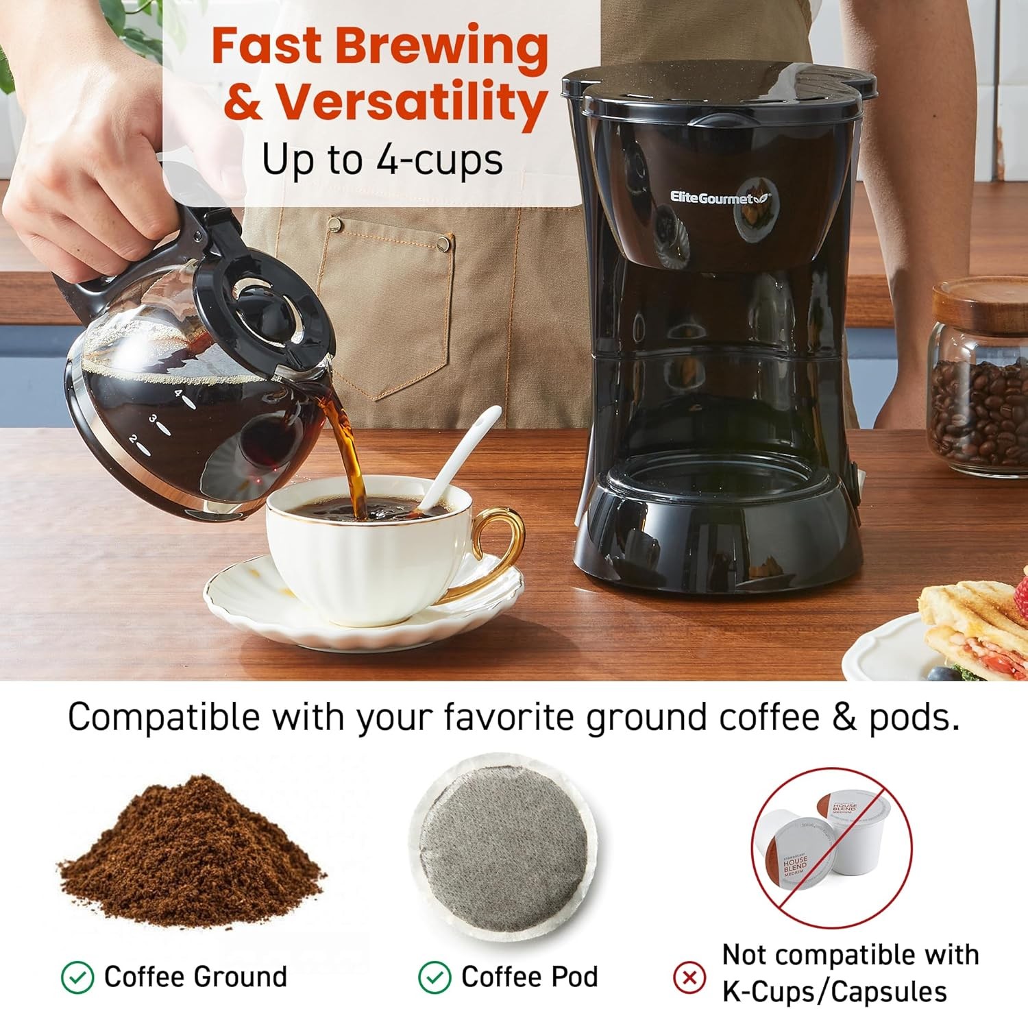 EHC4128 Automatic 4-Cup Brew & Drip Coffee Maker with Pause N Serve, Glass Caraf