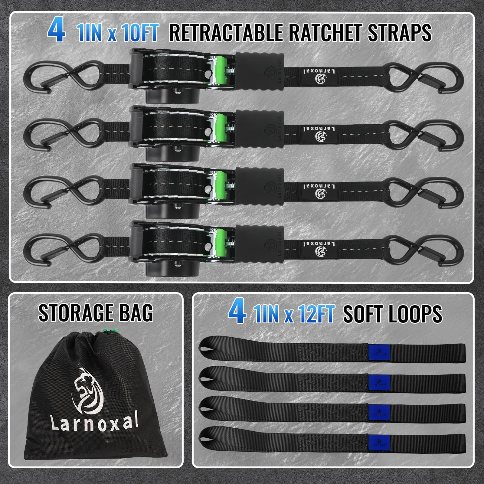 Retractable Ratchet Straps 1 in X 10 Ft – 1,500 Lbs Break Strength – Self