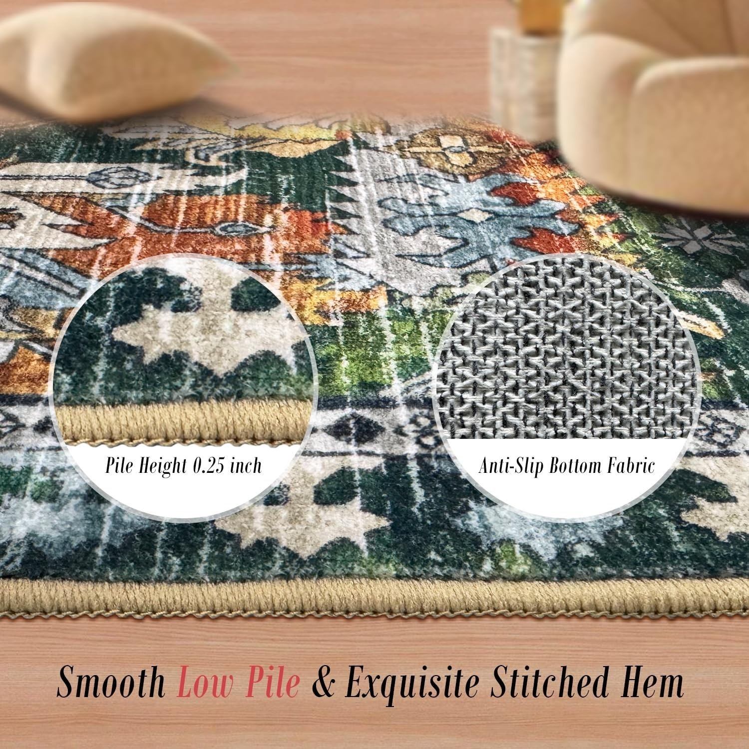 Durable Washable Area Rug 3′ x 5′ – Non-Slip & Vintage Elegance for Any Room