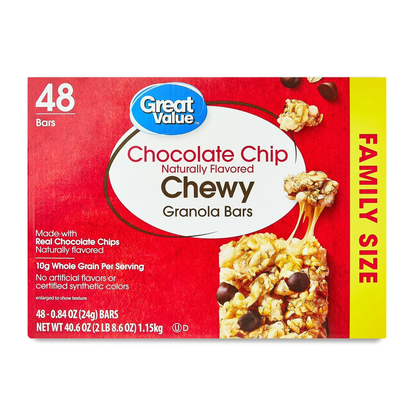 Chocolate Chip chewy granola bars, family size, 0.84 oz Paper Box, 48 count.