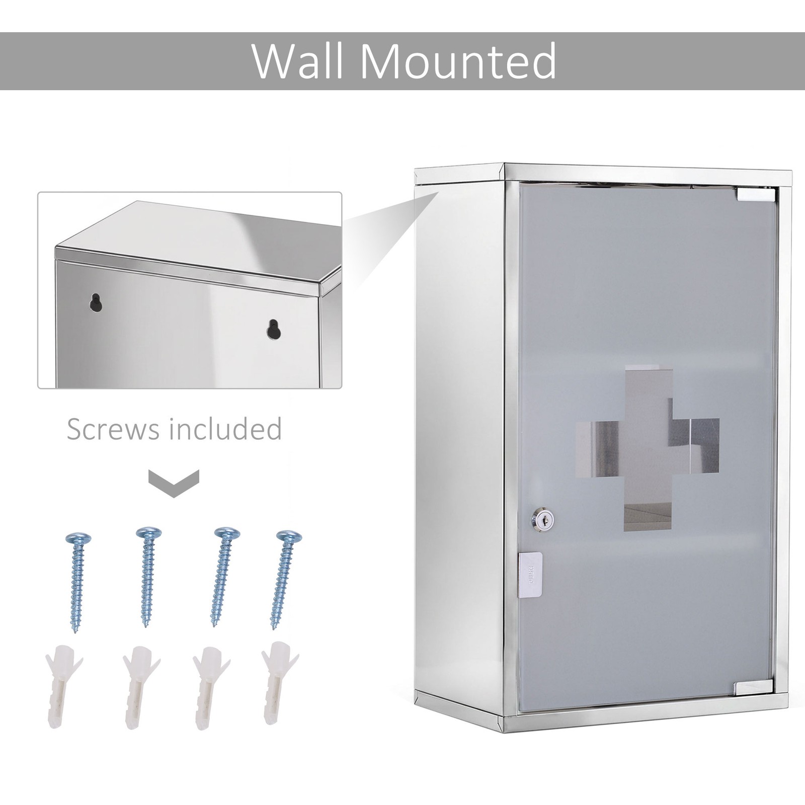 Stainless Steel Medicine Cabinet Wall Mount Frosted Door Lockable First Aid