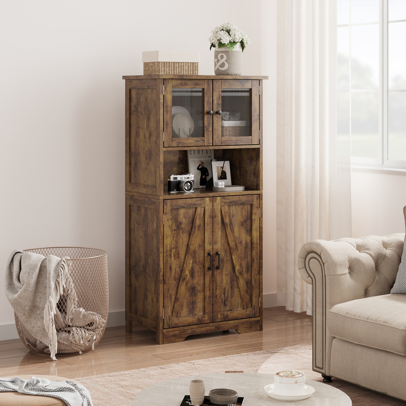 Storage Cabinet with Glass Doors & Adjustable Shelves, Kitchen Pantry Cabinet