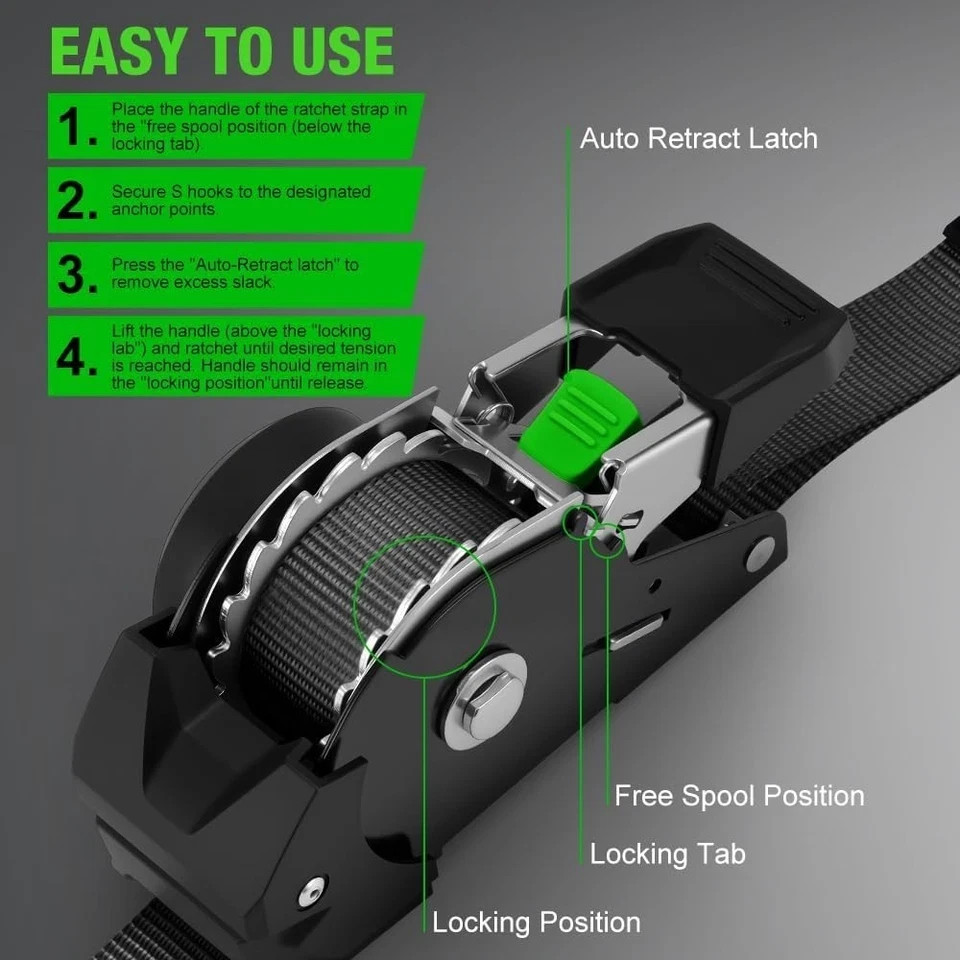Rhino USA Retractable Ratchet Straps (4-Pack) – 1 Inch x 10 Feet (1,650lb Break