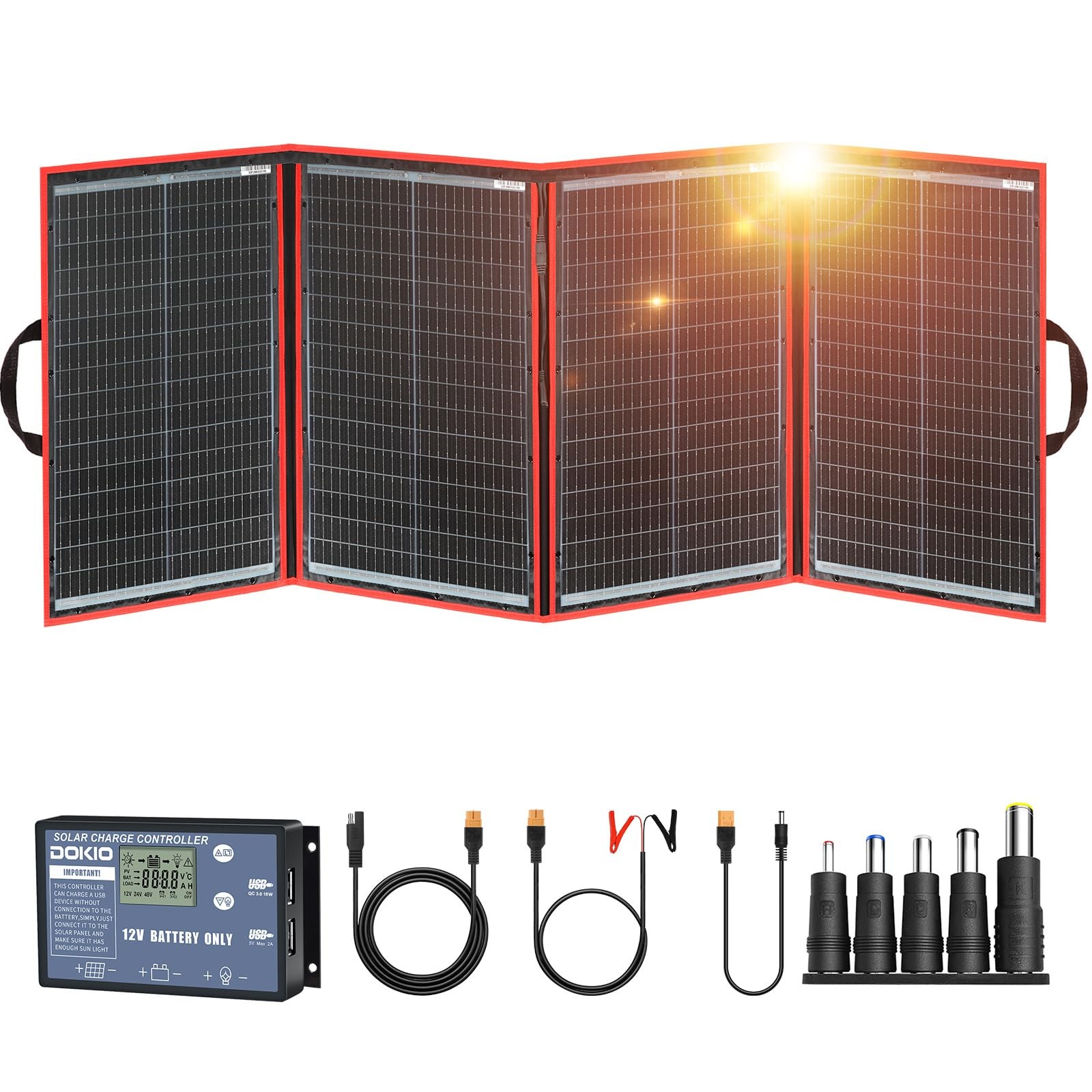 DOKIO 200W Portable Foldable Solar Panel Kit (20x27in, 20x27in, Black
