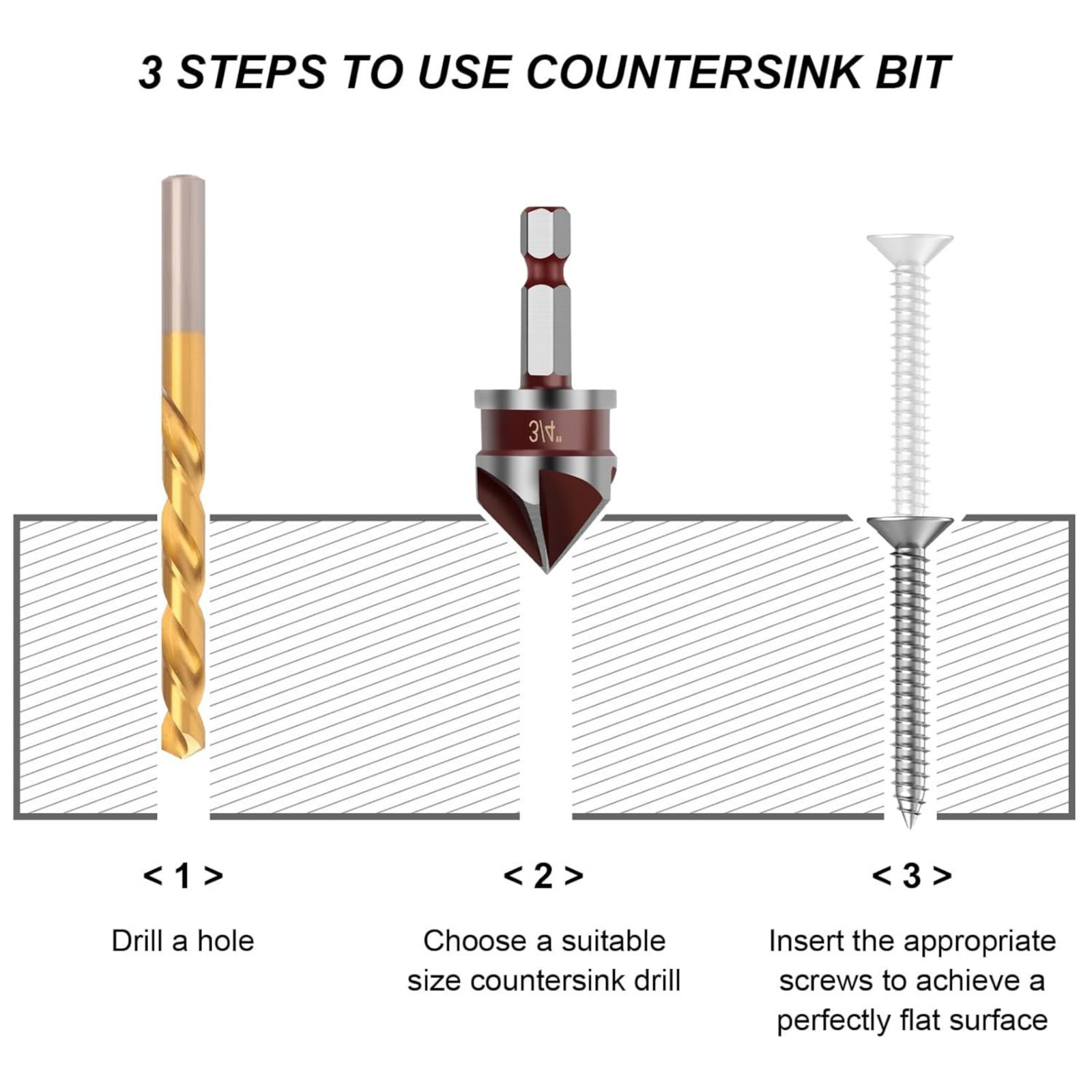 5pcs HSS Countersink Drill Bit 82° 1/4″-3/4″ with 1/4″ Hex Shank