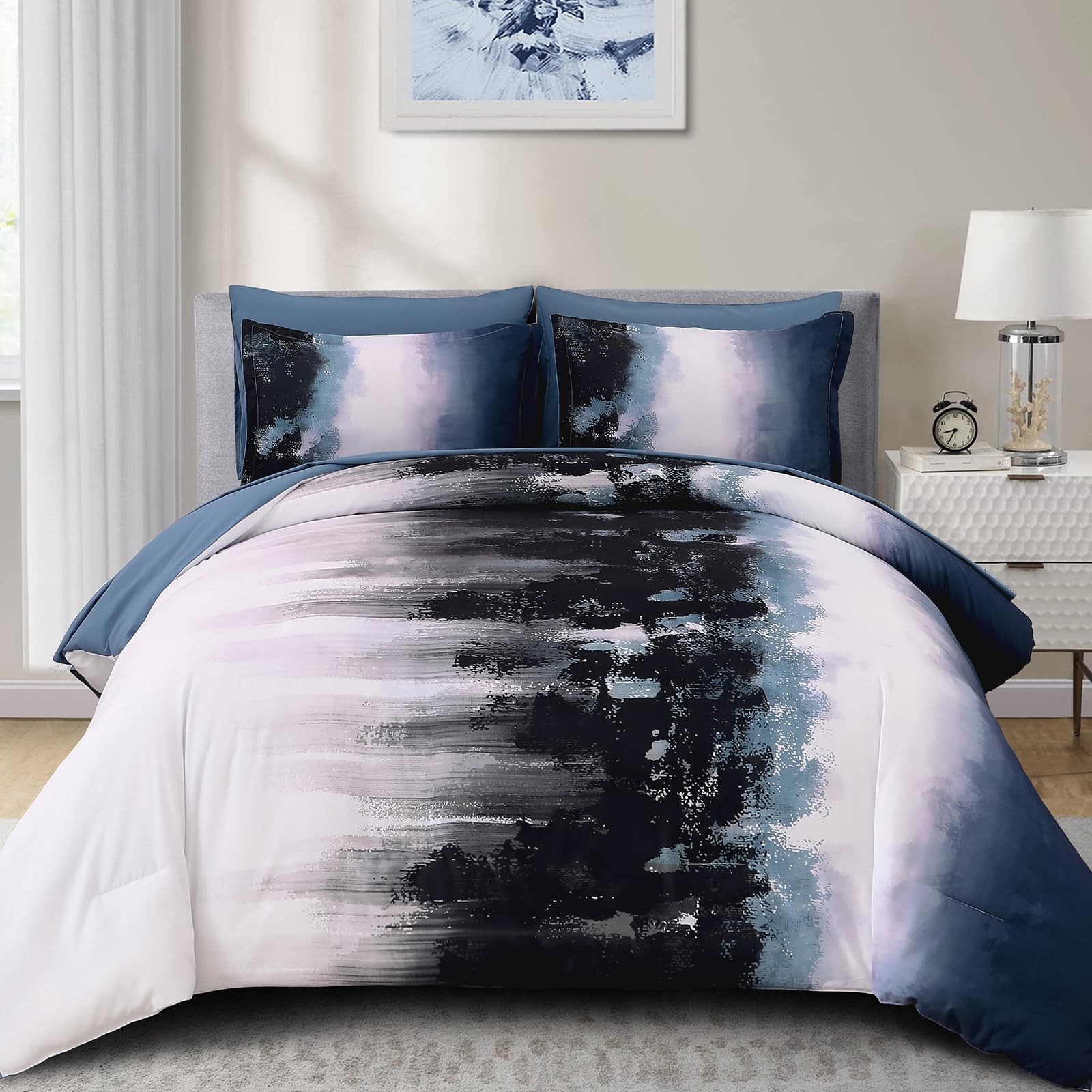 Ombre Blue Comforter Set Queen – 7 Piece Boho Bedding for Teens & Adults