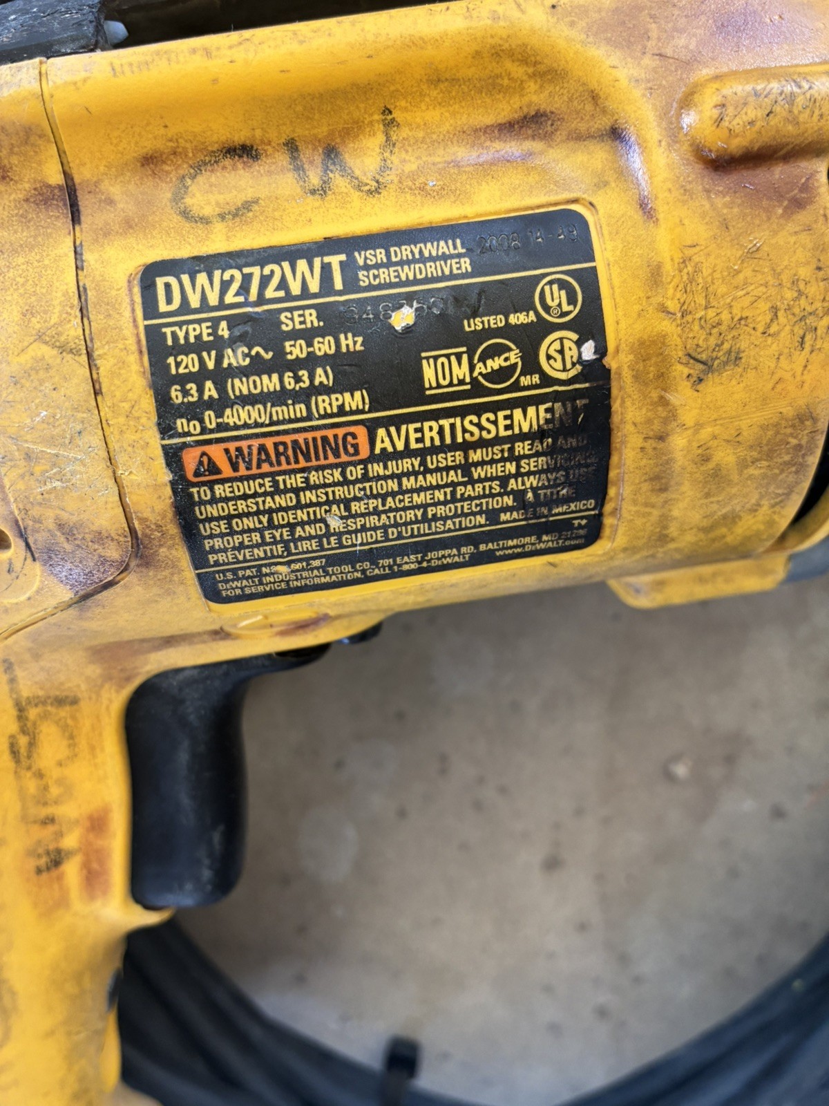 Dewalt Corded Drywall Screw Gun DW272 WT 4000 RPM 50 footcommercial cord