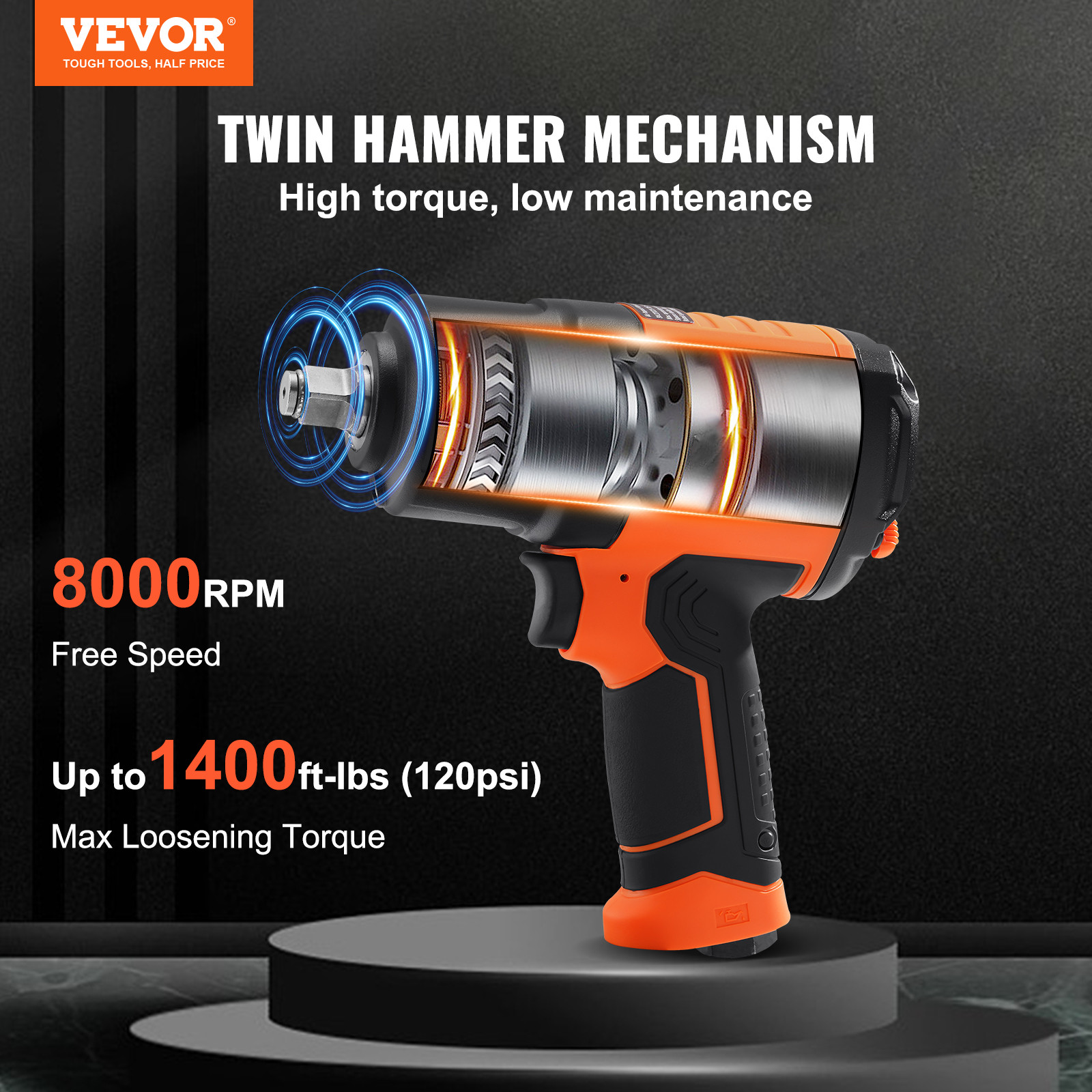VEVOR Air Impact Wrench 1/2″ Square Drive 1400ft-lb Nut-busting Torque 90-120PSI