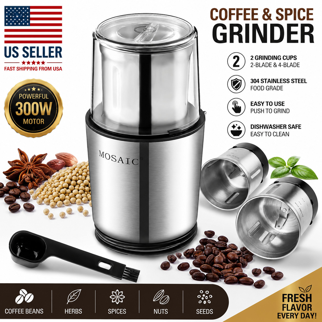 Coffee Grinder Electric, MOSAIC Herb Grinder, Spice Blender and Espresso Grinder