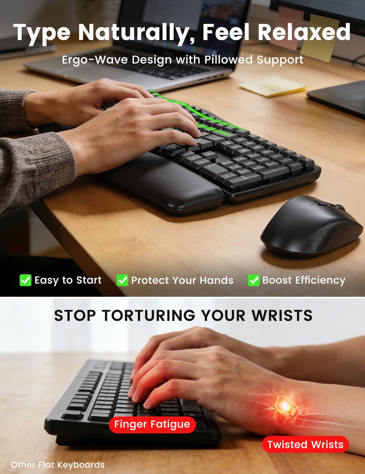Ergonomic Wireless Keyboard and Mouse Combo, 30dB Quiet Full Size Keyboard Set w