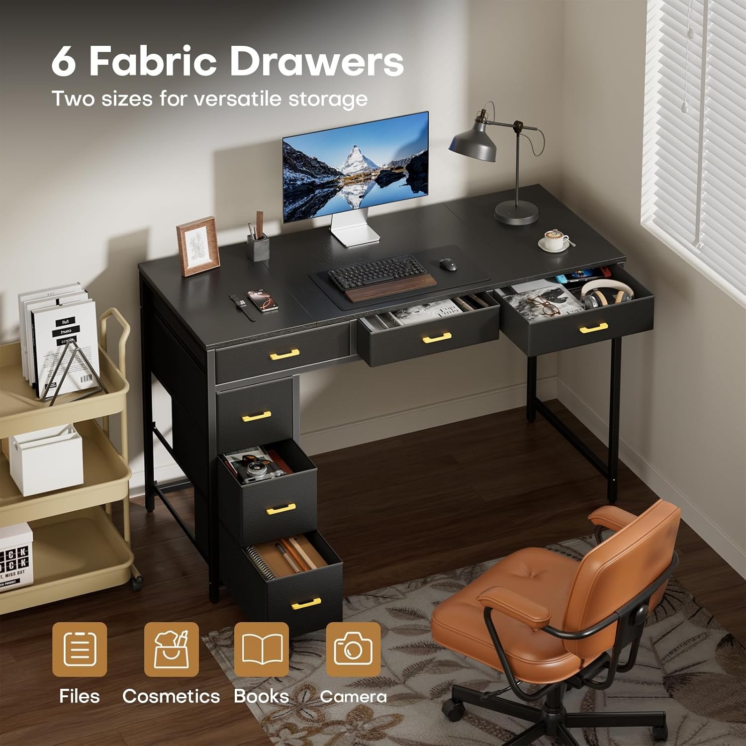 47″ Computer Desk with 6 Fabric Drawers for Bedroom, Home Office Study Desk