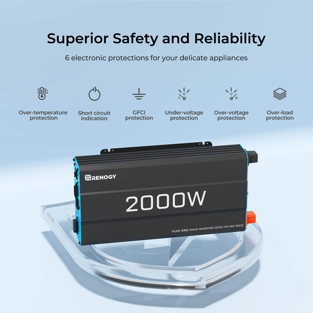 Renogy 2000W Pure Sine Wave Inverter 12V DC to 120V AC Converter Remote Control