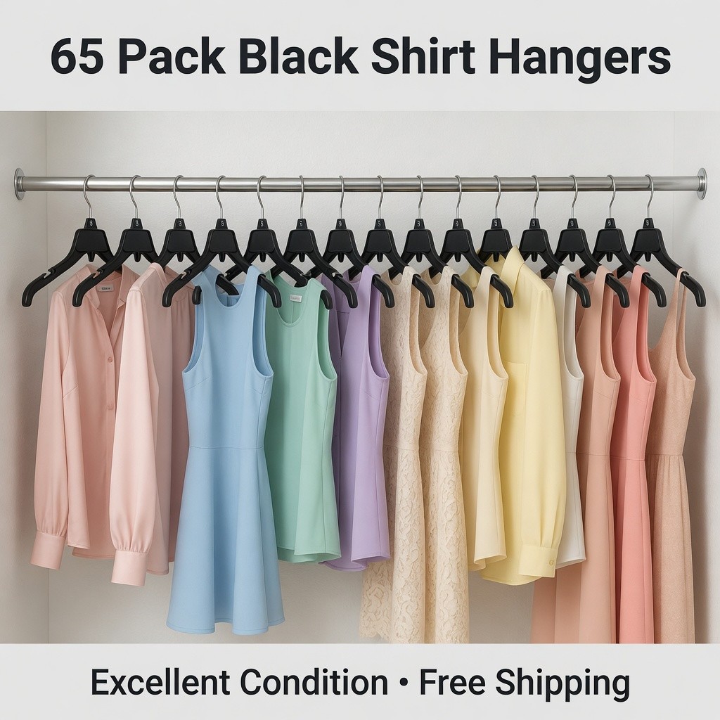 Lot of 65 Black Plastic Adult Clothes Hangers 17″ wide **FREE SHIPPING”