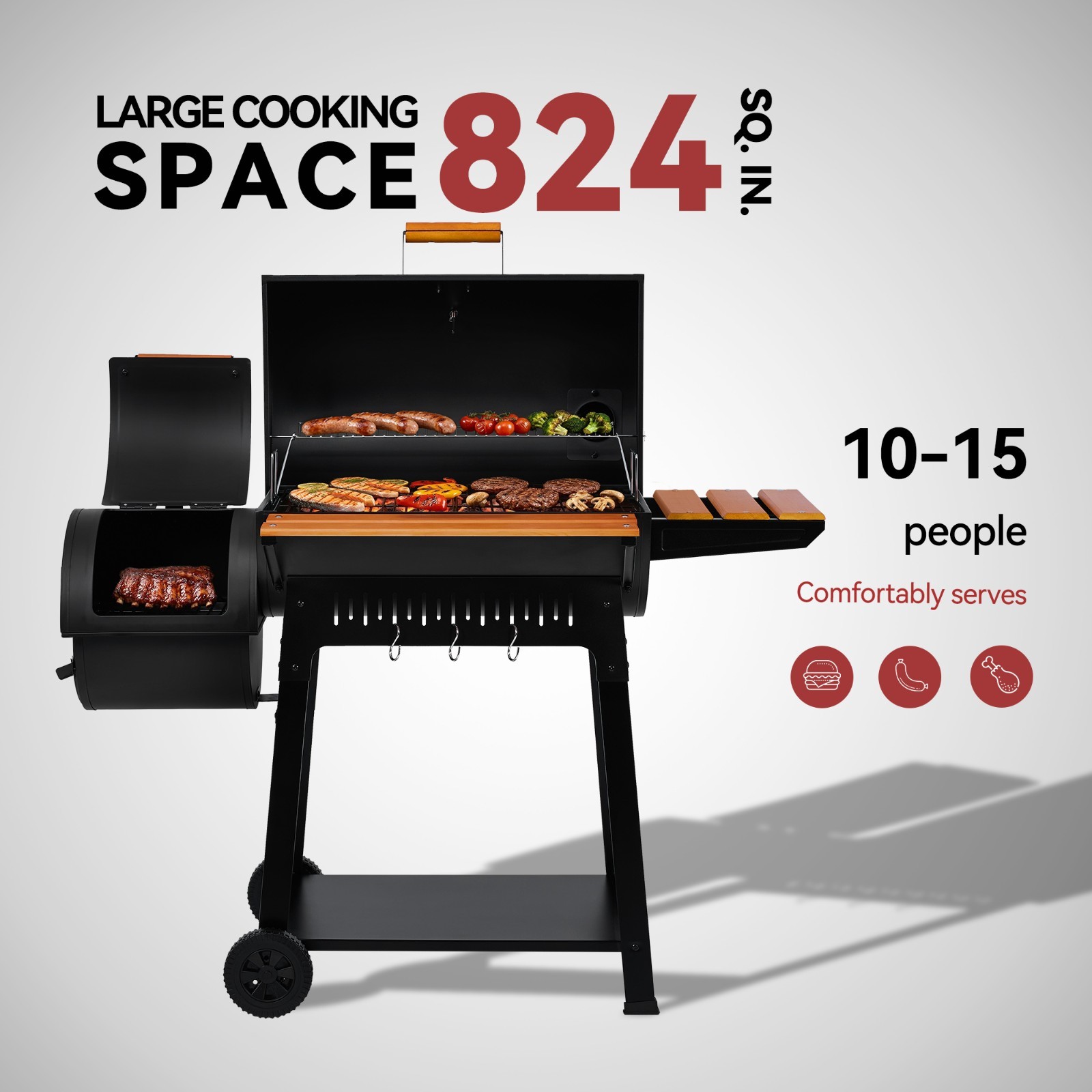 Royal Gourmet Charcoal Grill with Offset Smoker, Front & Side Shelves, Black