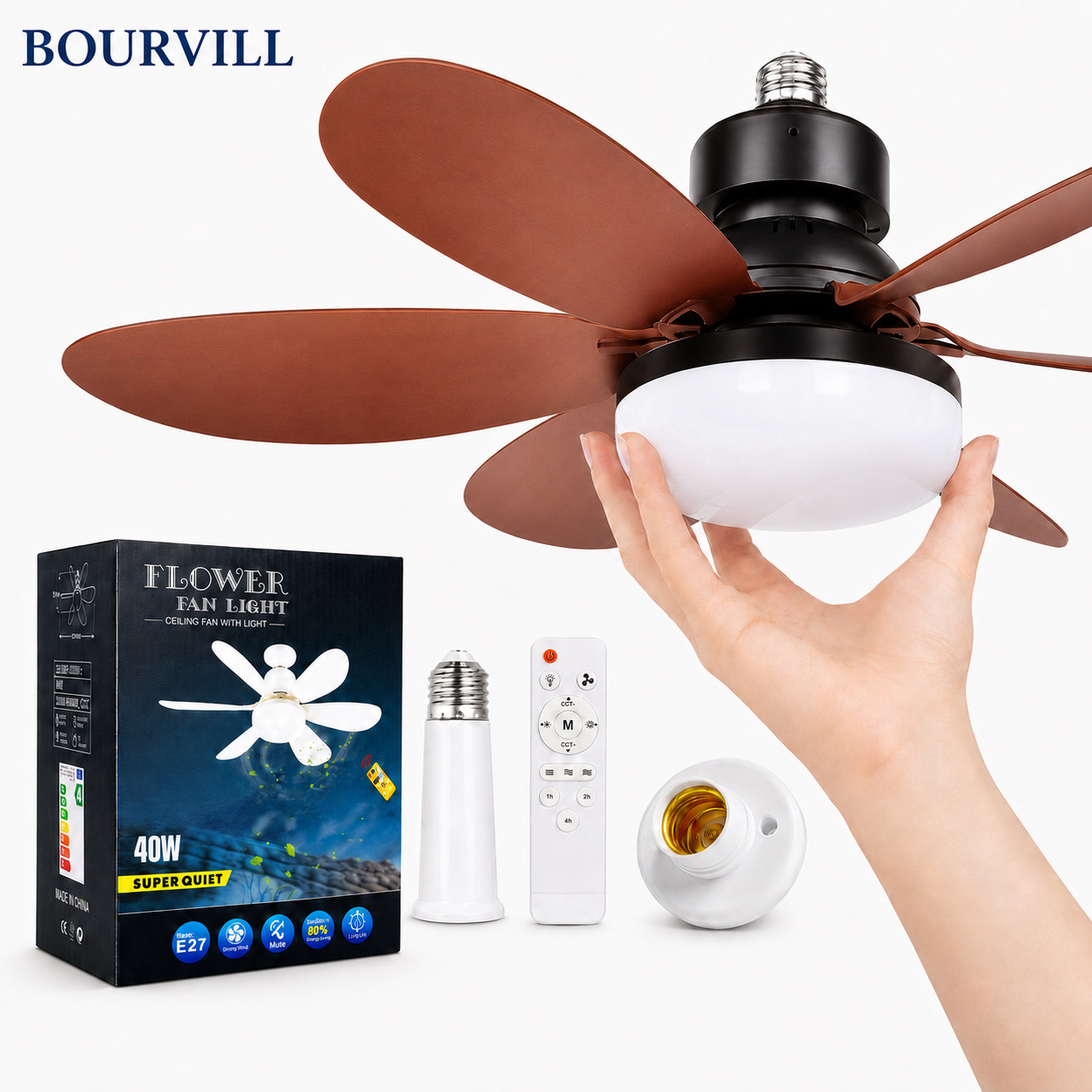 20 in Socket Ceiling Fan with Light Remote, E27 Screw In 40W Small Room Fan