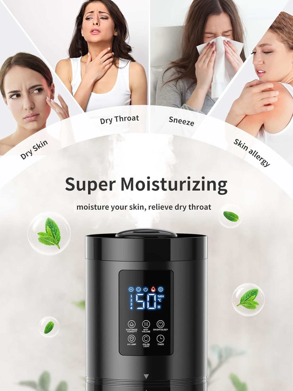 8L Humidifiers for Bedroom, 30dB Quiet, 500ft² Coverage, 60H Runtime, Top Fill,
