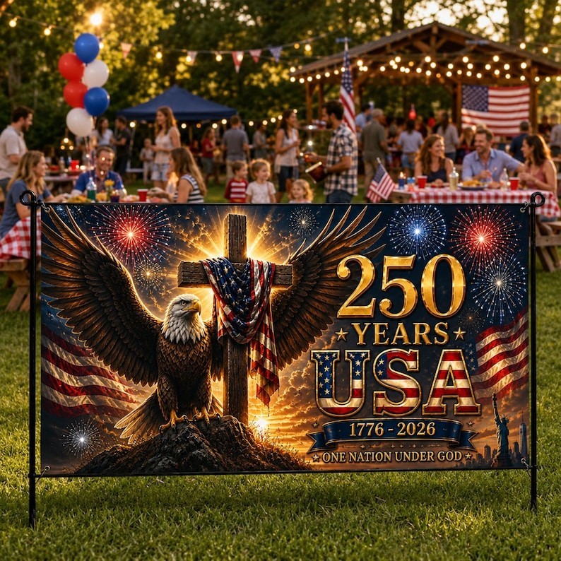 America 250 Patriotic Banner Eagle Cross USA Anniversary Decor Print