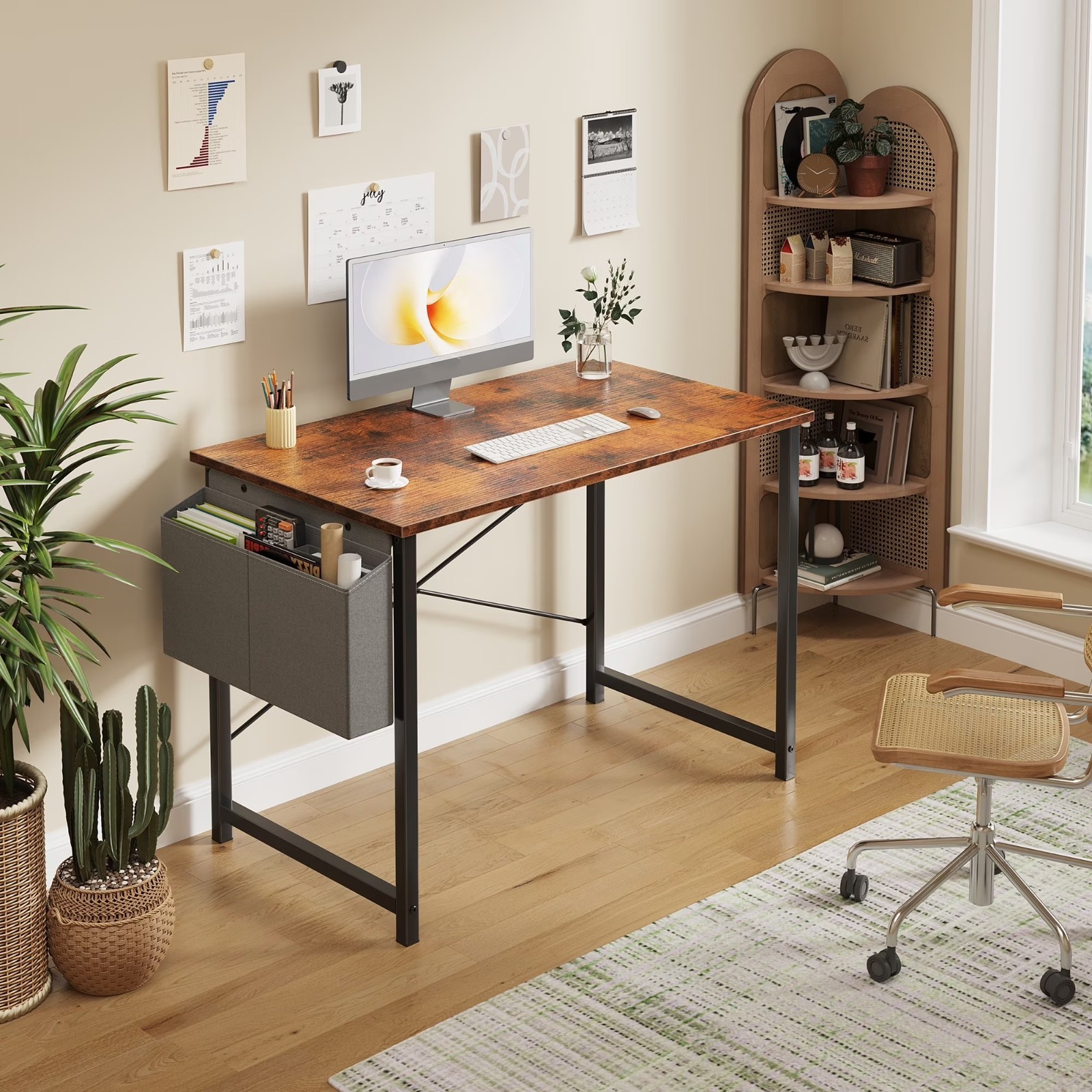 Computer Writing Desk with Storage Bag, Steel Frame for Home Office Study