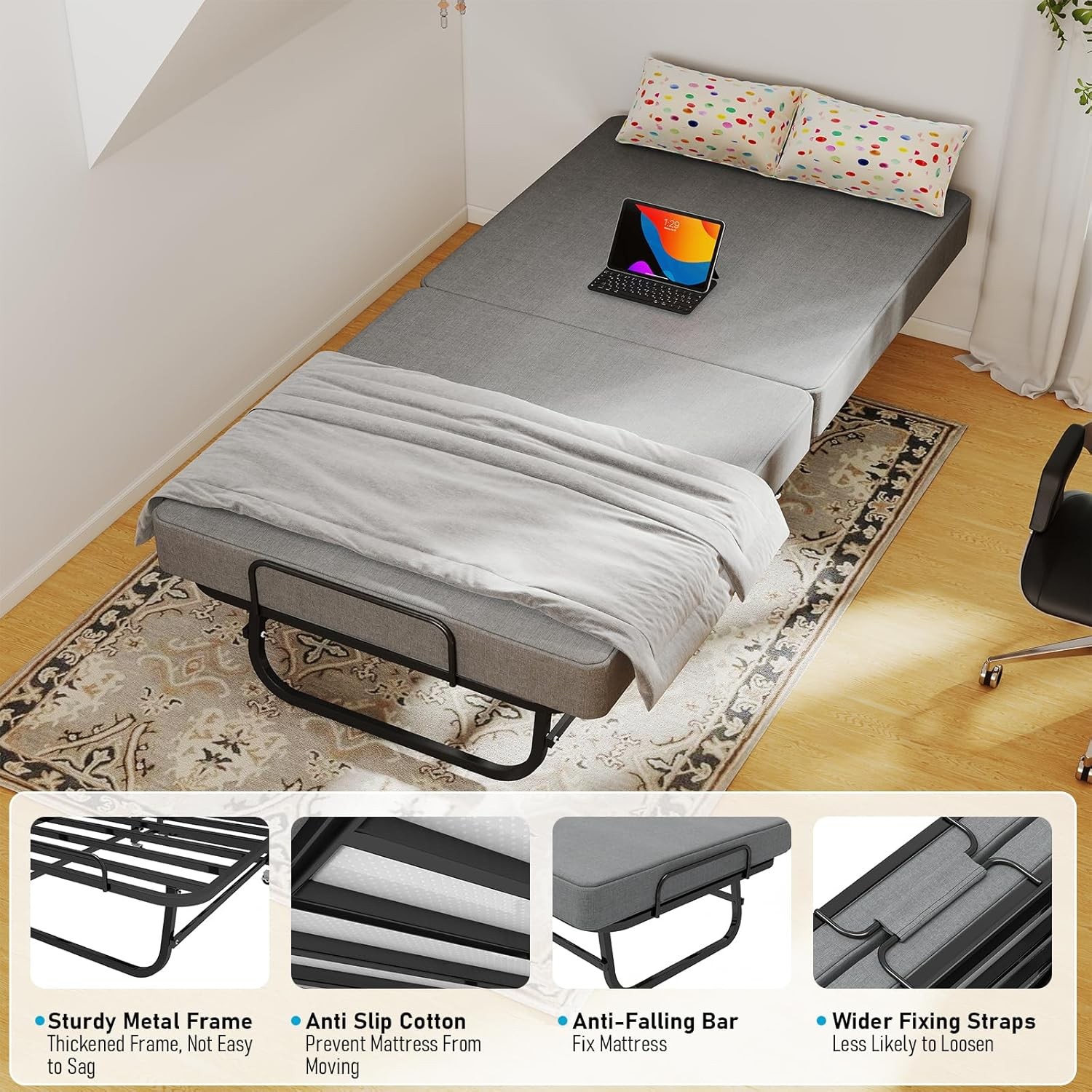 Portable Folding Bed with Memory Foam Mattress Rollaway Metal Frame Guest Bed