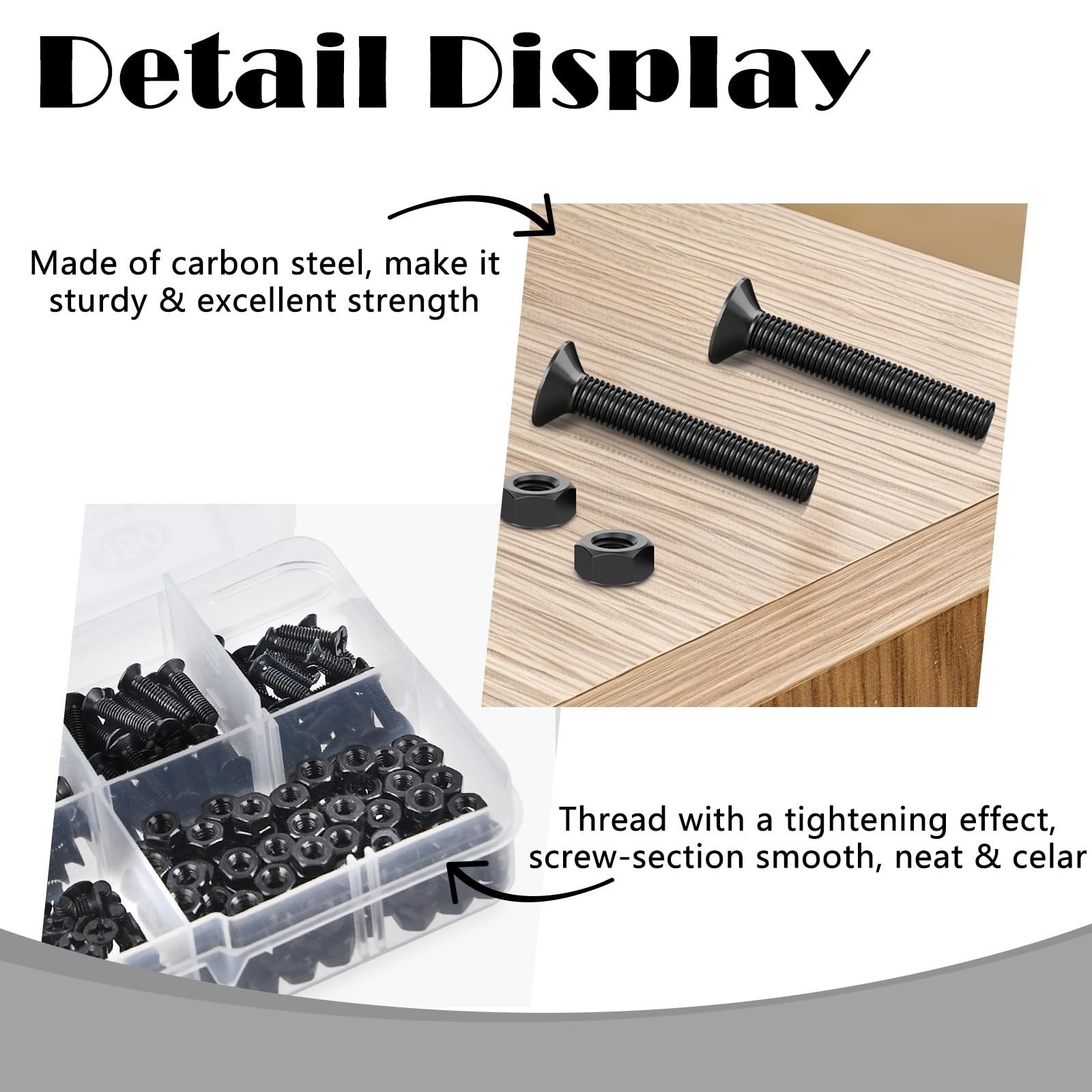 380 Pcs M3 Black Flat Head Machine Screws & Hex Nuts Kit Carbon Steel