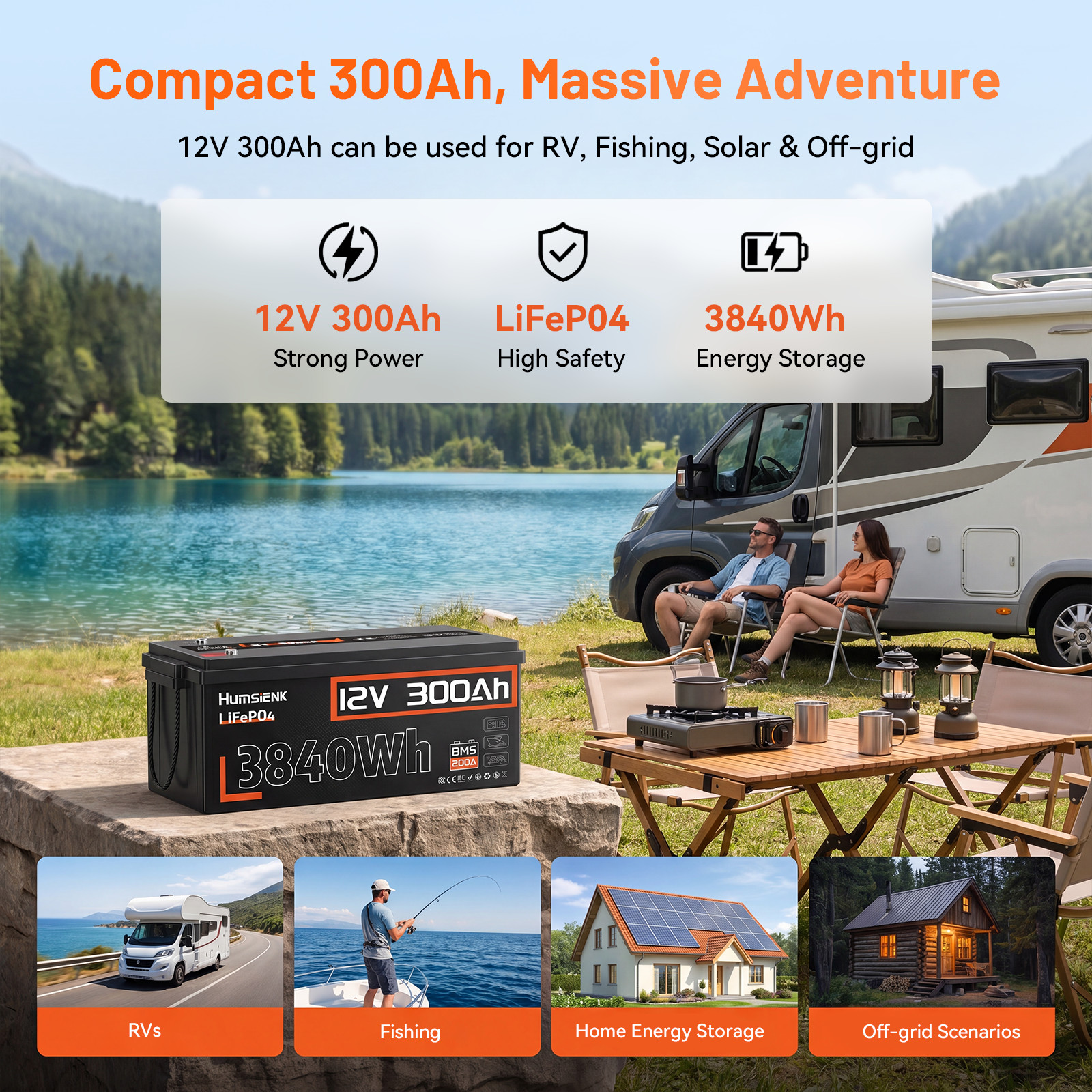 2Pcs 12V 300Ah 7680Wh LiFePO4 Battery 200A BMS Deep Cycles Marine RV Yacht Boat