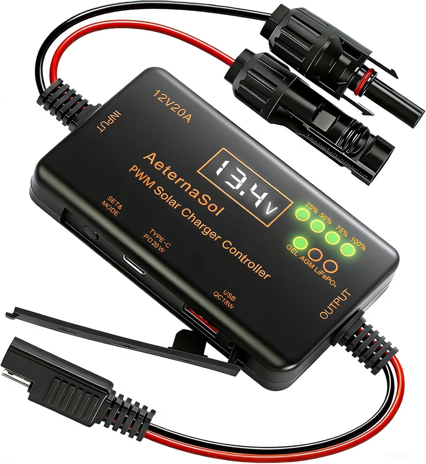 20A 12V PWM Solar Charge Controller LCD Display for RV Boat Off-Grid System NEW