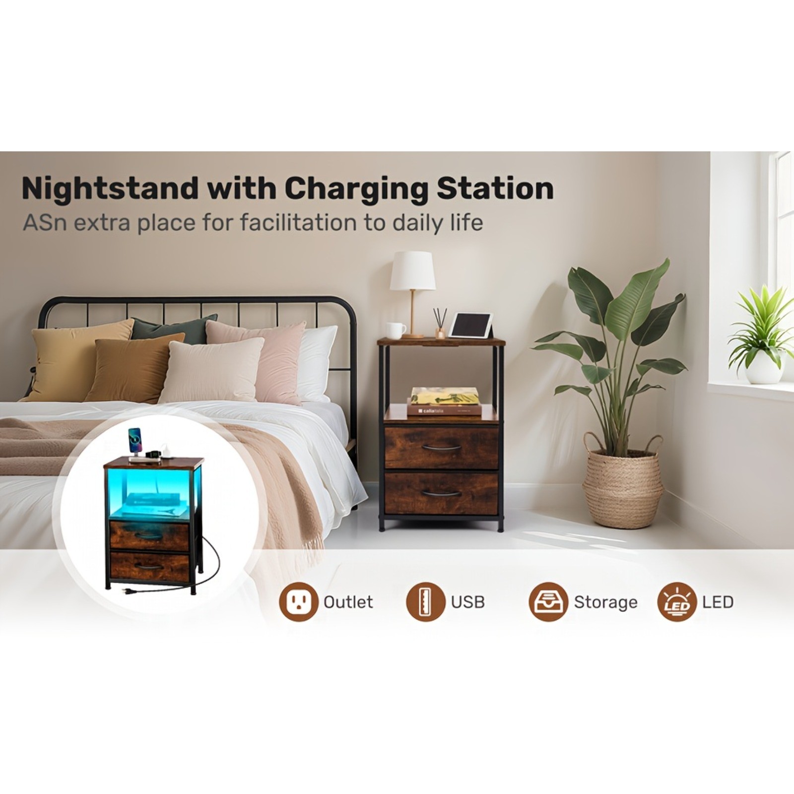 Led Nightstand with Charging Station 2 Drawers Night Stand Black Bedside Table