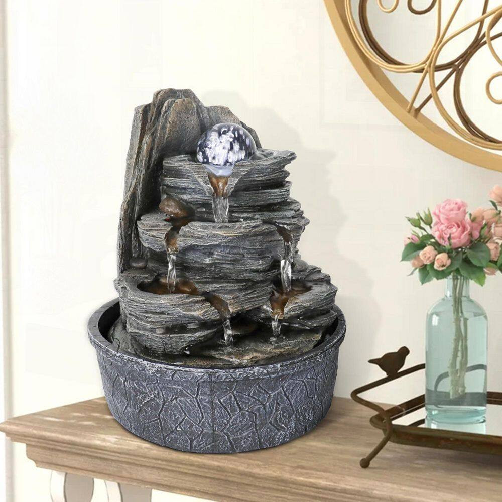 9.8 In. Resin Rockery Indoor Tabletop Tiered Fountain with LED Lights and Crysta