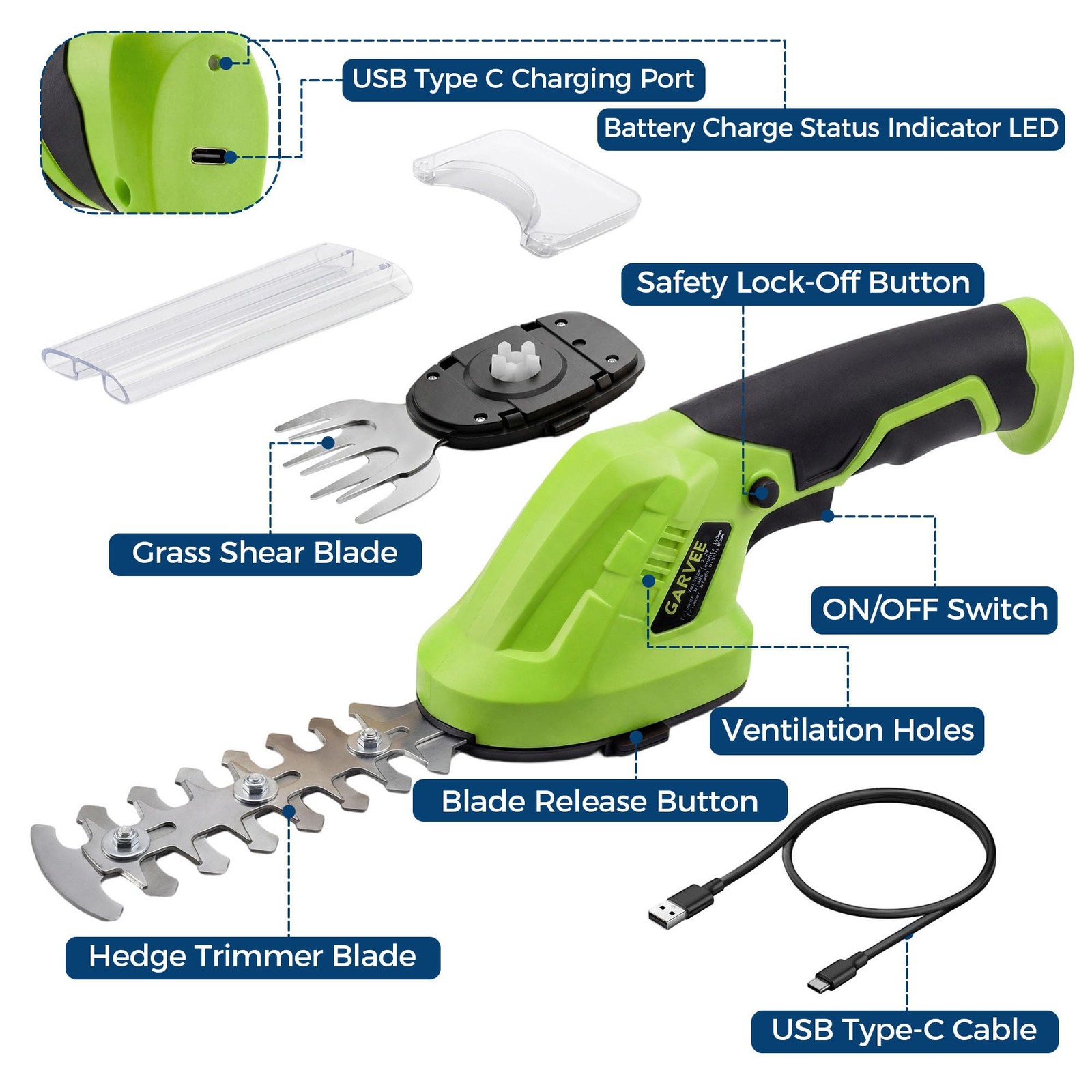 Cordless Grass Shear Bush Trimmer, 2 in 1 Handheld Hedge Trimmer, 7.2V Electric