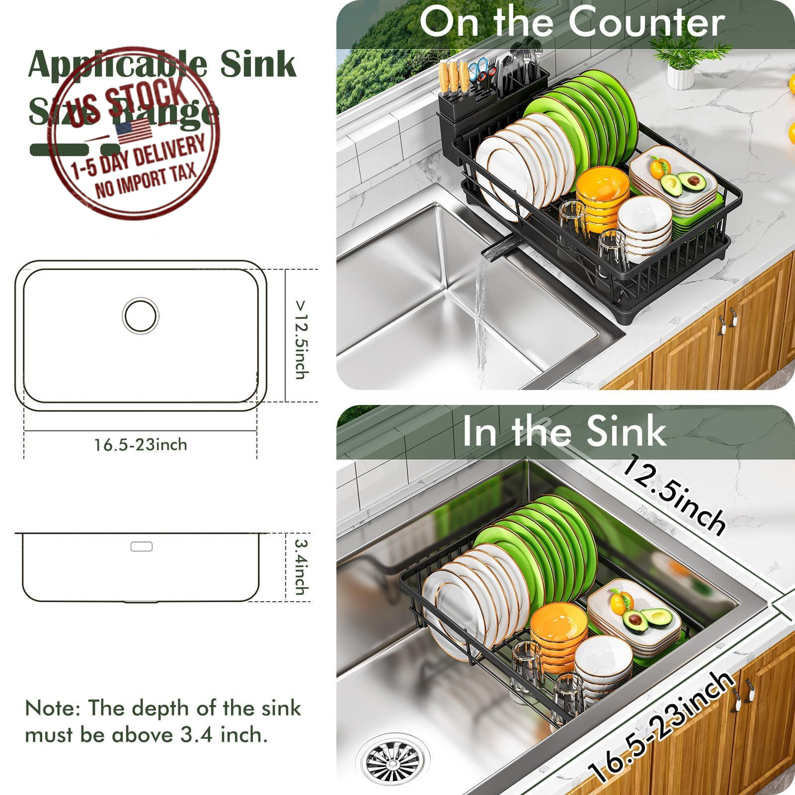 Compact Dish Drying Rack, Rust-Resistant Kitchen Drainer with Utensil Holder