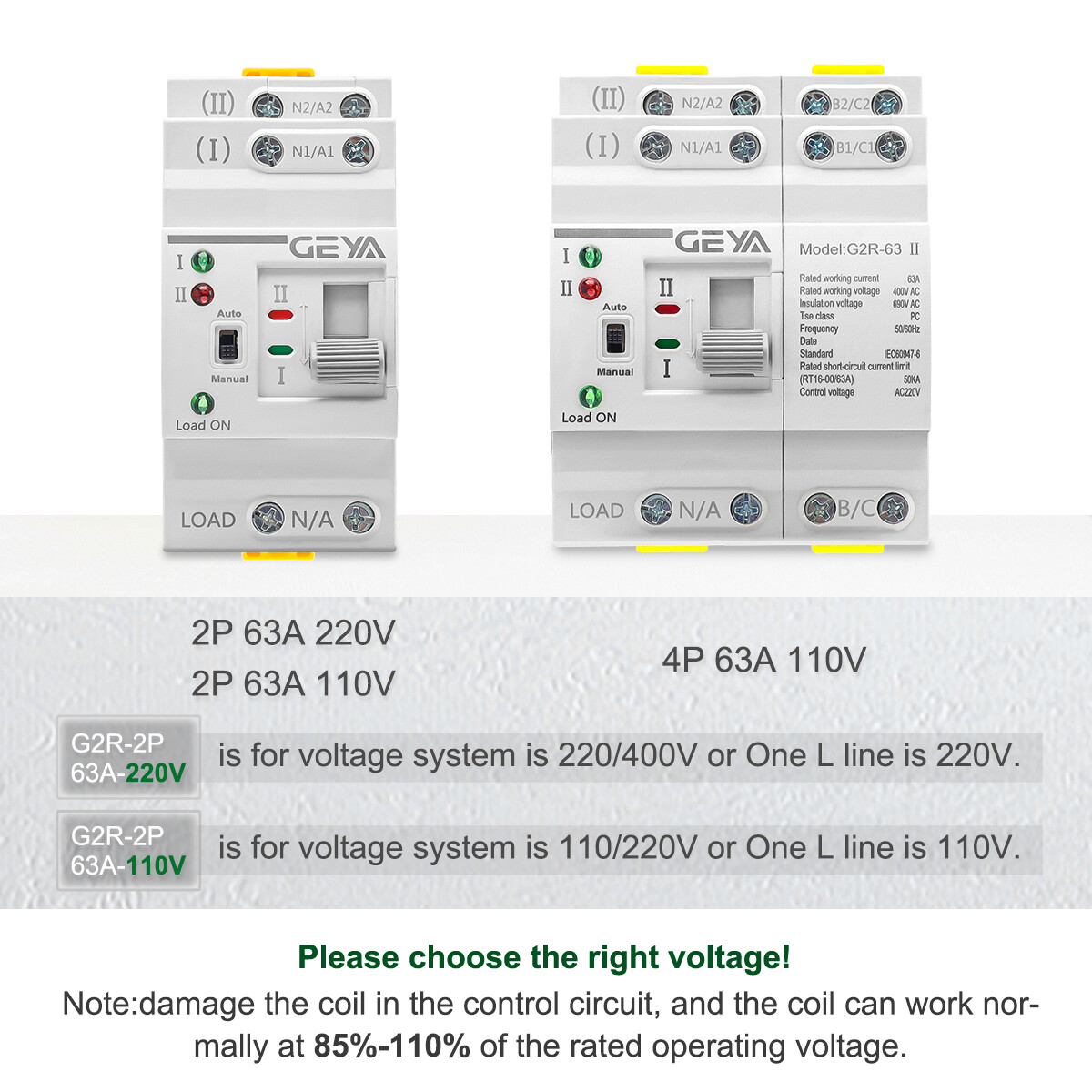 GEYA Mini Dual Power Automatic Transfer Switch 25-63A Grid to Generator 110/220V