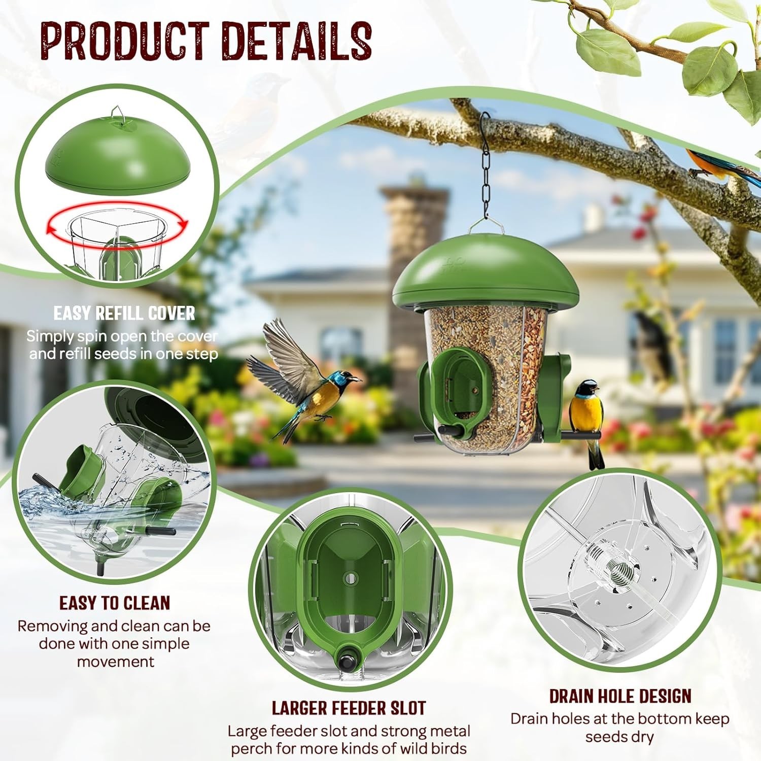 LONA Hanging Bird Feeder – Weatherproof, 3 Ports, 1.7 lb Capacity for Outdoors