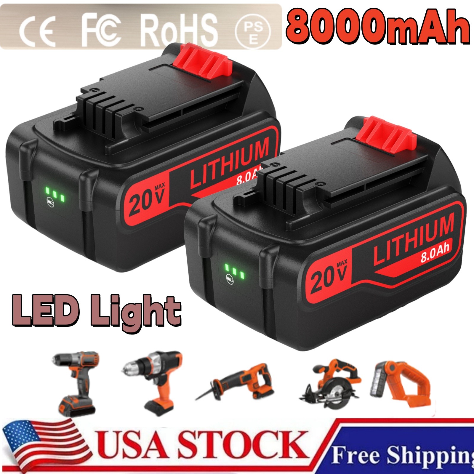 2PACK 8.0AH 4.0AH BATTERY Replace LB2X4020 for Black Decker 20 Volt MAX Lithium