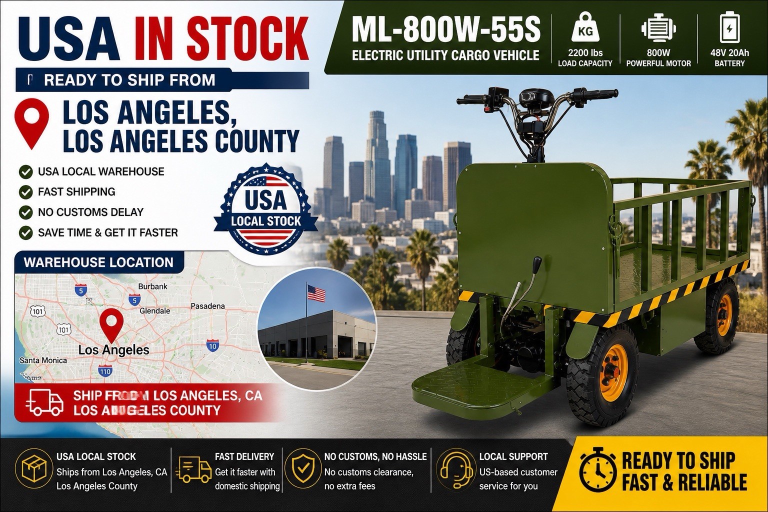 Electric Utility Cart 800W 48V 4 Wheel Cargo Wagon 1000kg Farm Truck from LA
