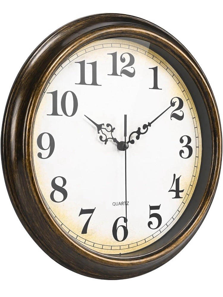 12 in Round Analog Quartz Hanging Wall Clock, Brown Frame, Arabic Numerals
