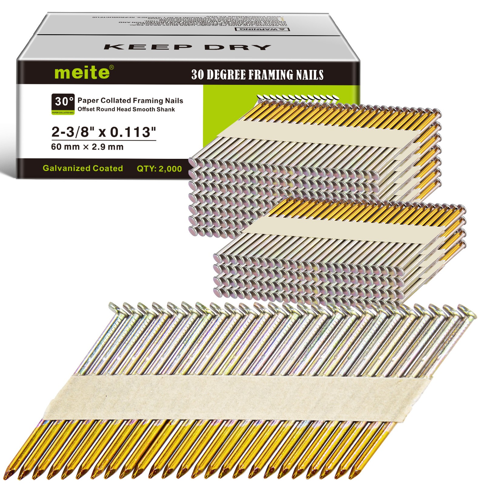 meite Framing Nails 30-Degree Offset Round Head Smooth Shank Galv. Framing Nails
