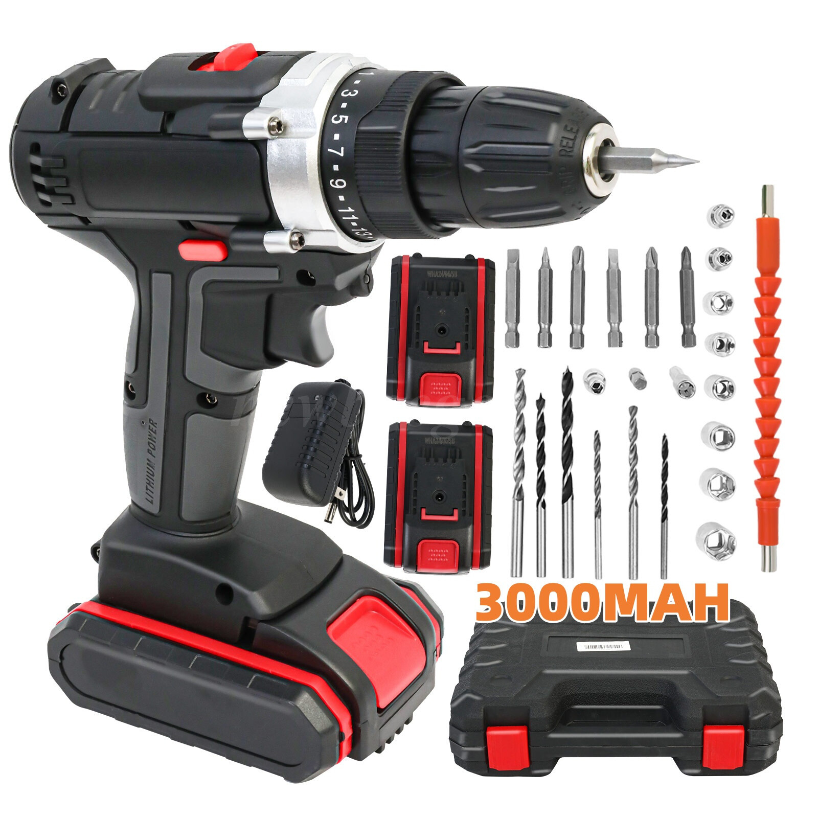 21V Electric Drill 3/8″ Power Cordless Screwdriver Drill Set with 2 Battery Kit