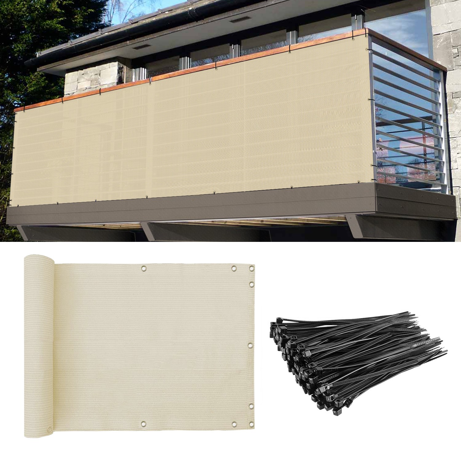35in Balcony Fence Screen Privacy Deck Railing Fabric Shelter Shade Cover Beige
