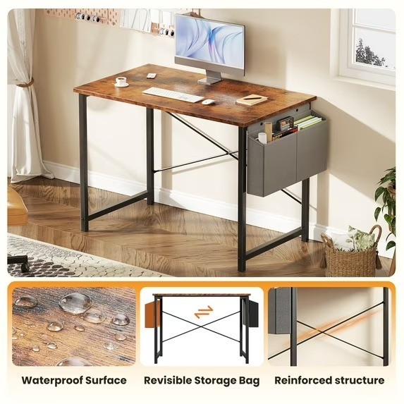Computer Writing Desk with Storage Bag, Steel Frame for Home Office Study