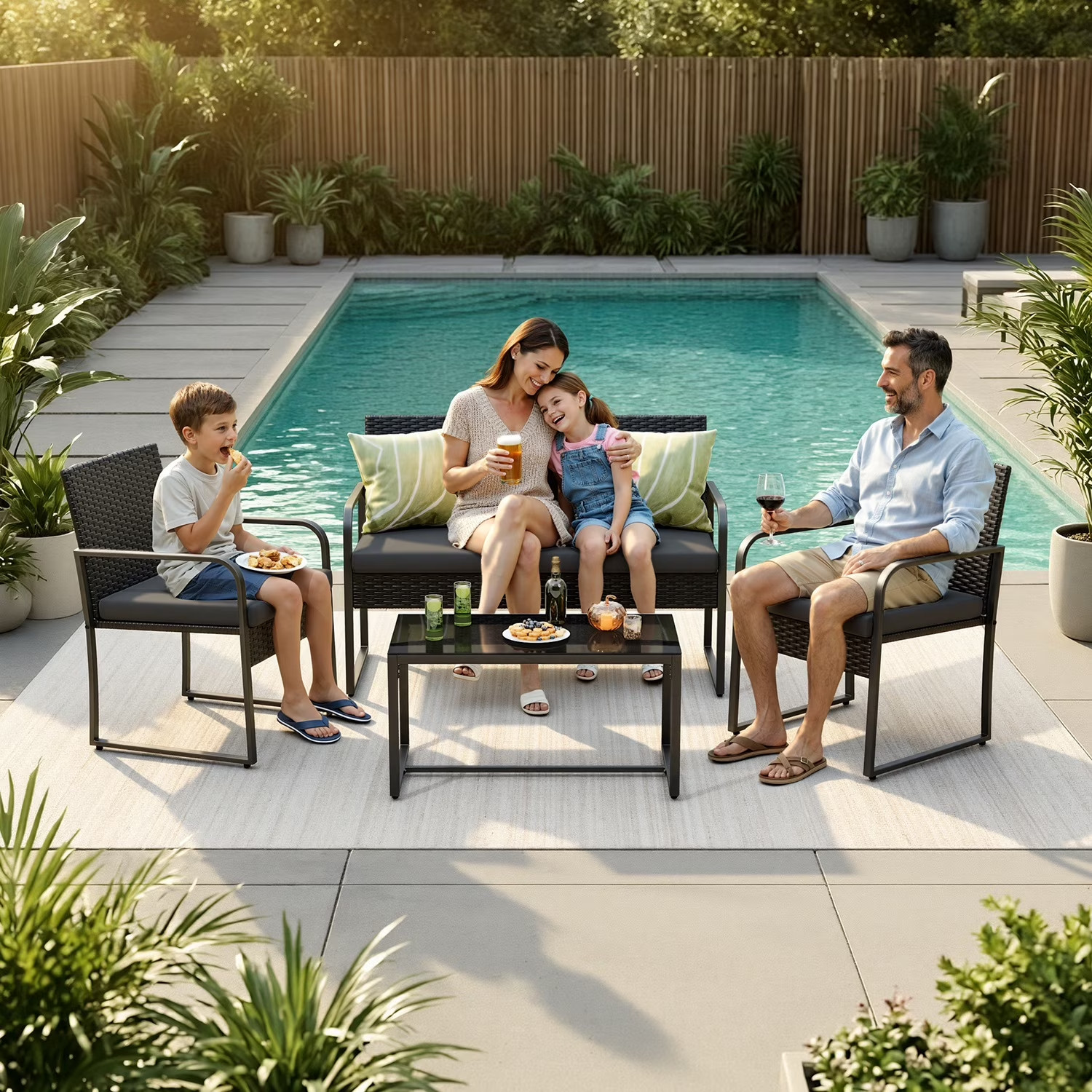 Patio Furniture Set, Outdoor All-Weather Conversation Set for 4 with Wicker Chai