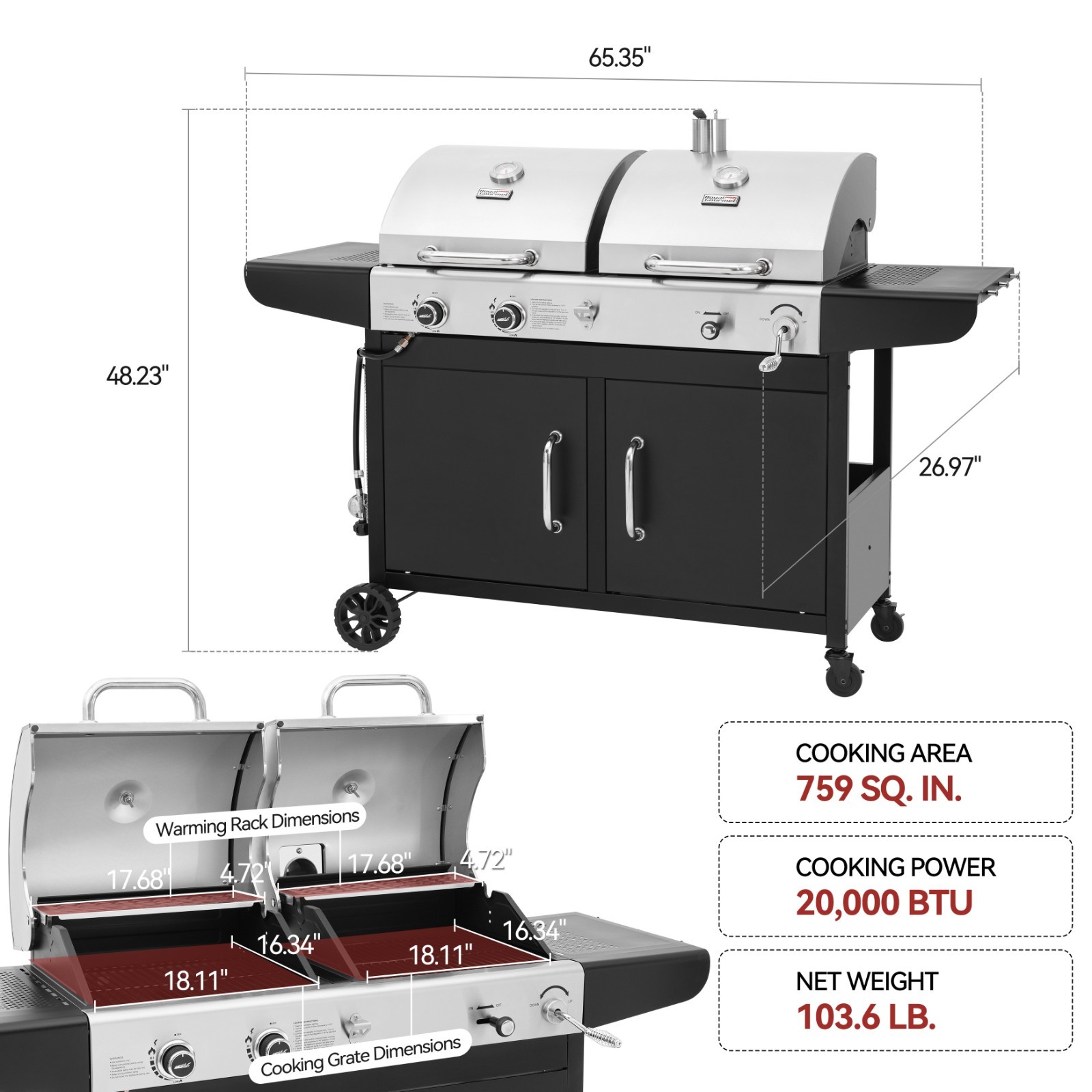 Royal Gourmet Dual Fuel 3-Burner Gas Charcoal Grill Combo Outdoor BBQ Party