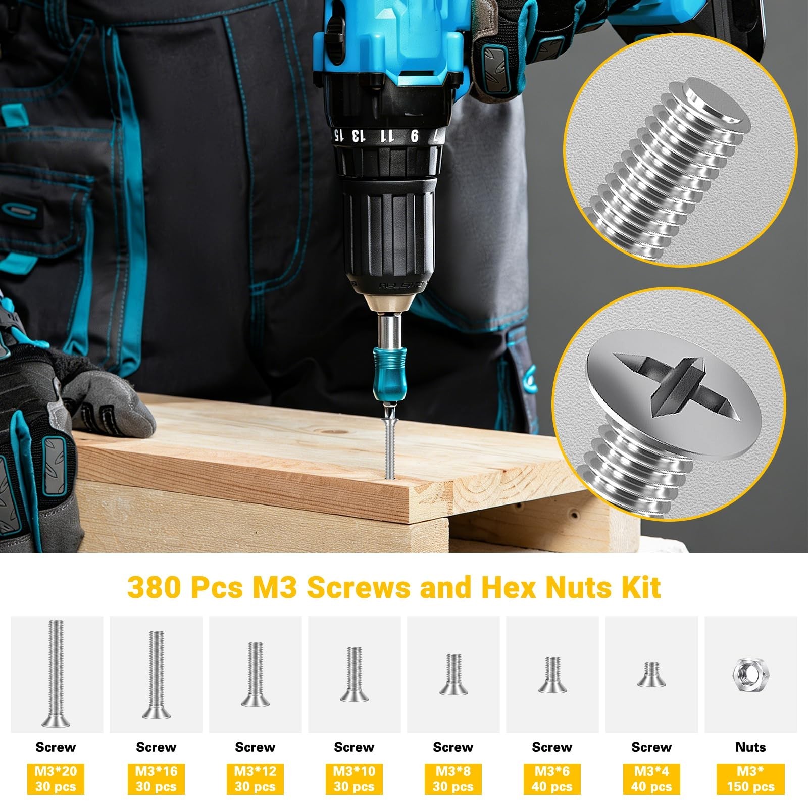 380 Pcs M3 Silver Flat Head Machine Screws and Hex Nuts Kit Carbon Steel Coun…
