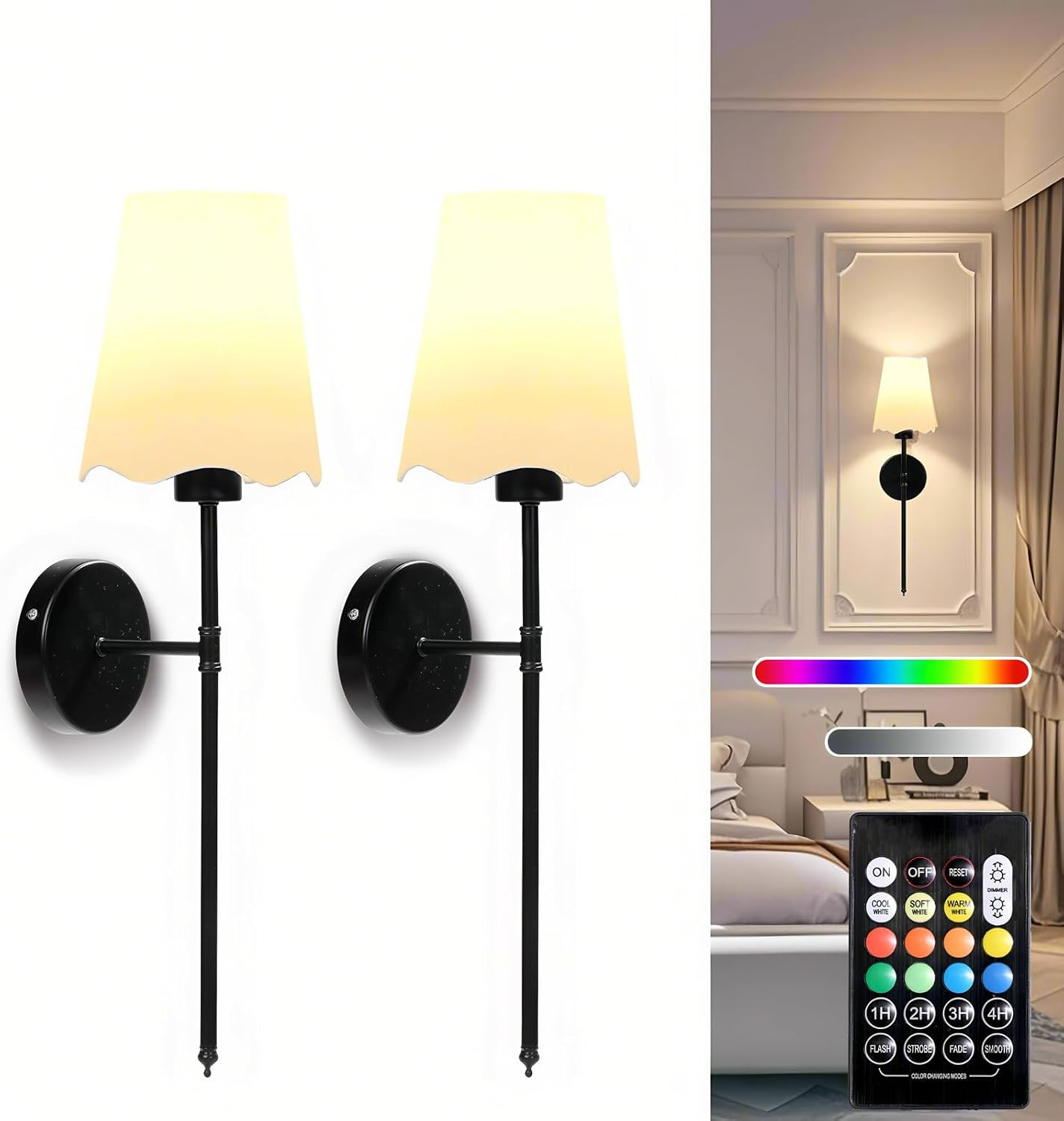 Rechargeable Battery Wall Sconce Set of 2, Dimmable LED with Remote Control