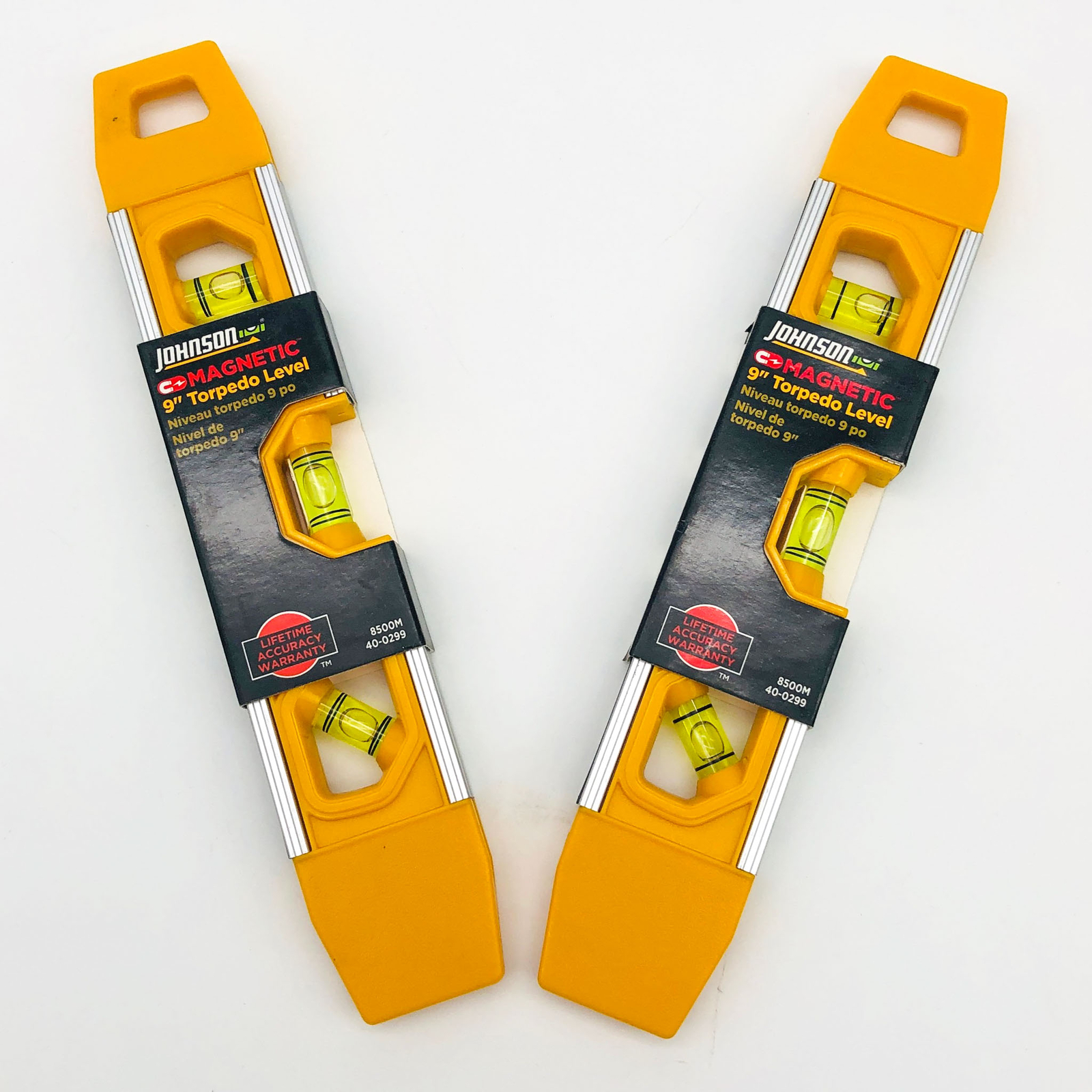 2x Johnson 8500M Torpedo Level Magnetic Aluminum 9″ Yellow 2 Levels Per Order