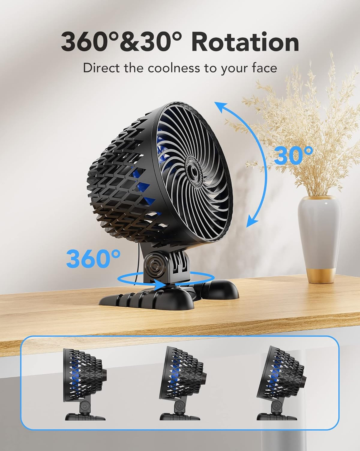 USB Desktop Small Fan, Stepless Speed Adjustment with Desk Black Blue