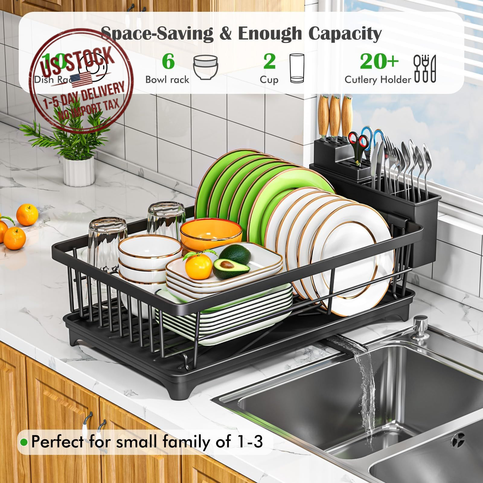Compact Dish Drying Rack, Rust-Resistant Kitchen Drainer with Utensil Holder