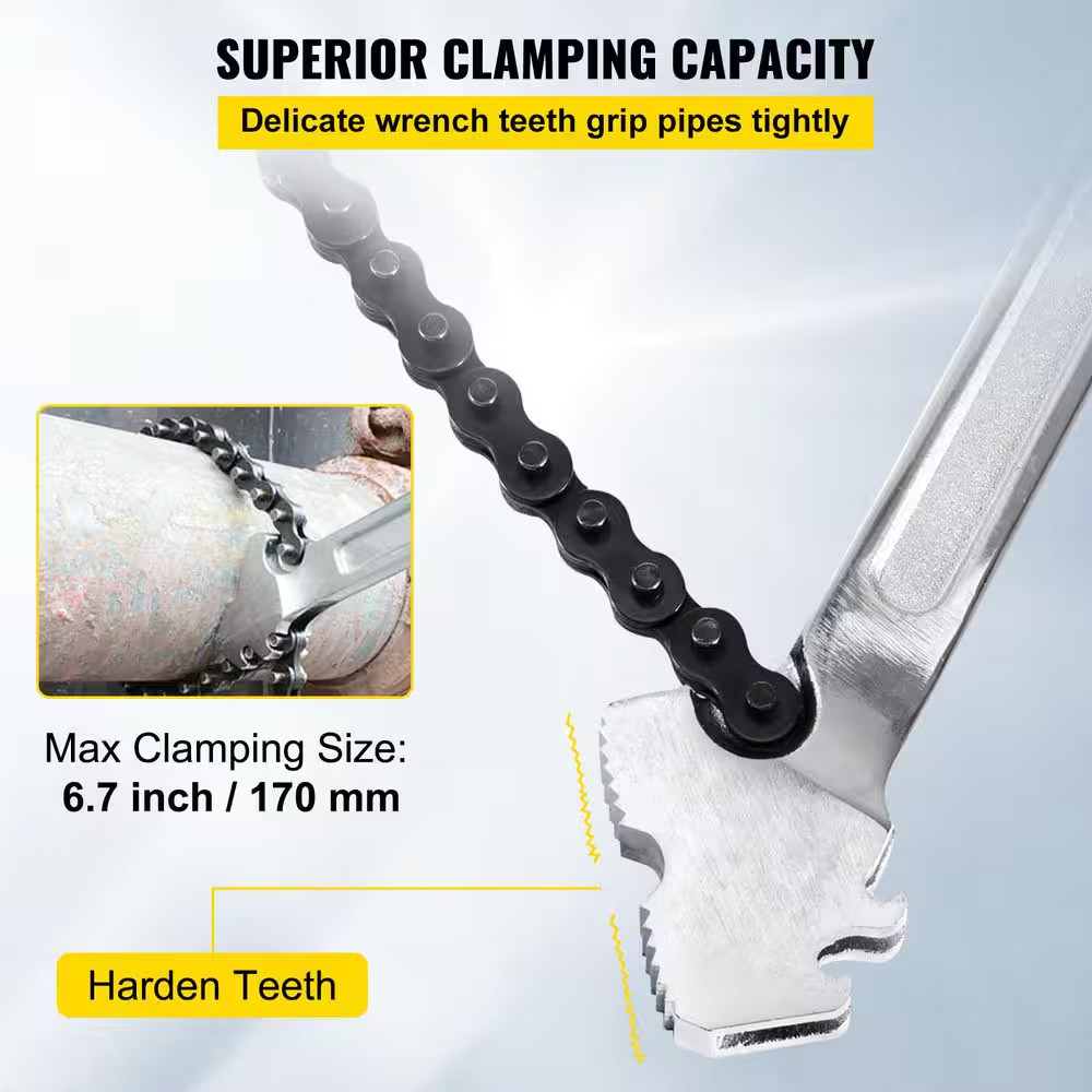 24 In. Heavy Duty Chain Wrench, Carbon Steel, 6.7 In. Capacity, Chain Strap Filt