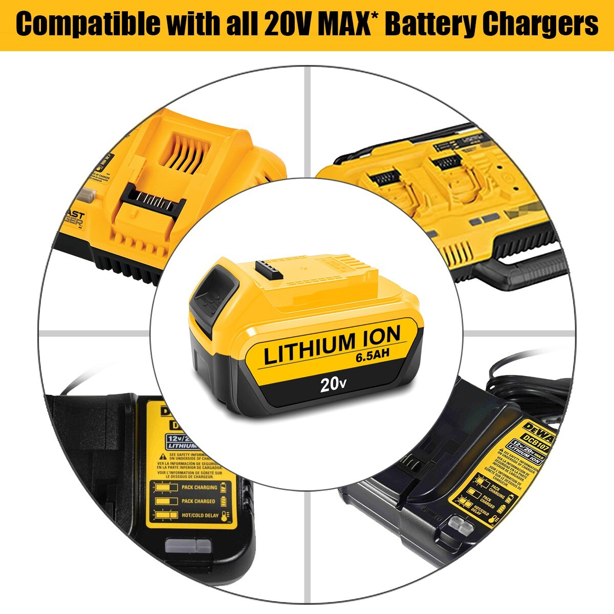 2 PACK NEW 20V 6.5Ah Battery for Dewalt 20V 6.0Ah Lithium Ion Battery DCB206